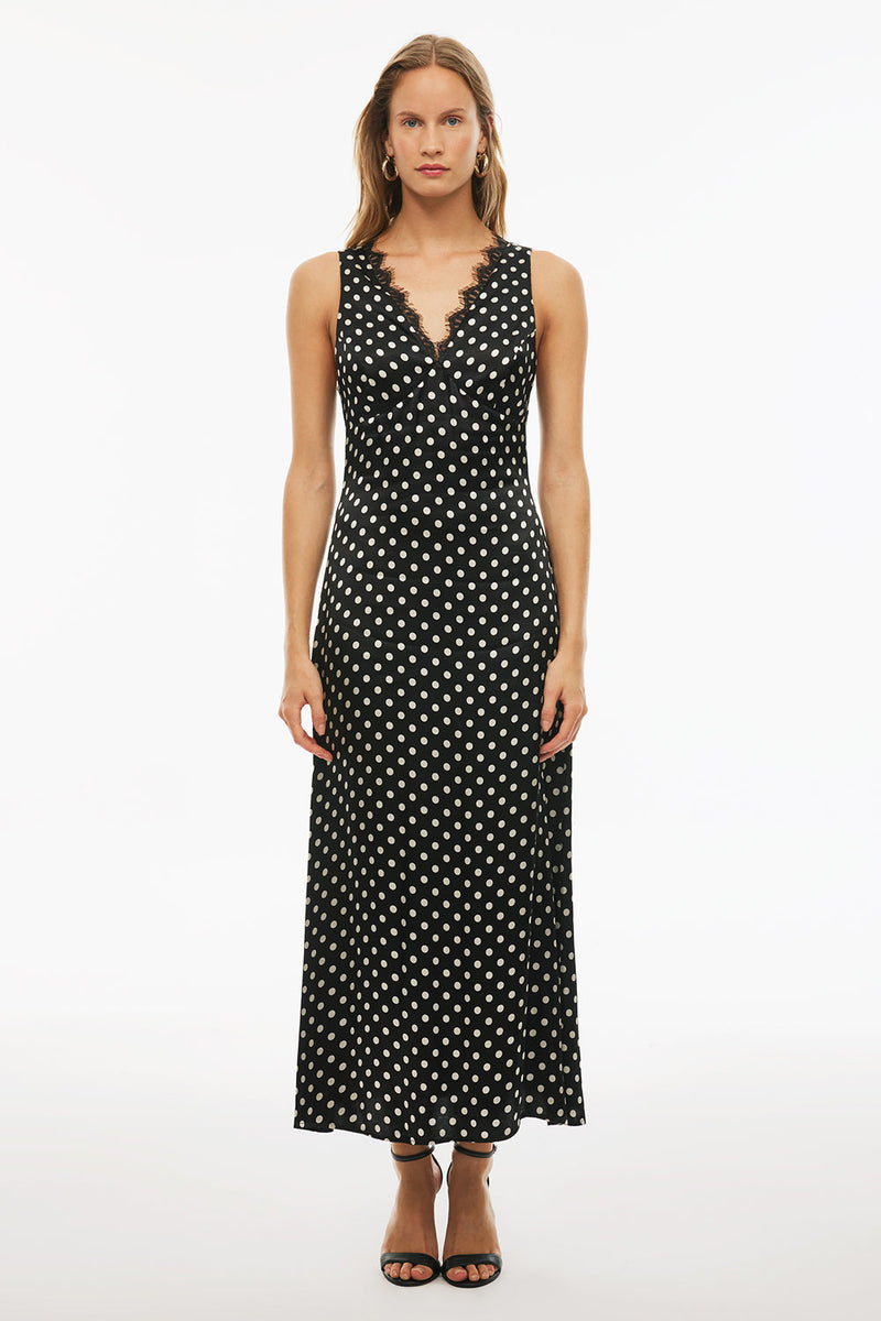 Perspective Round Neck Polka Dot Dress Black