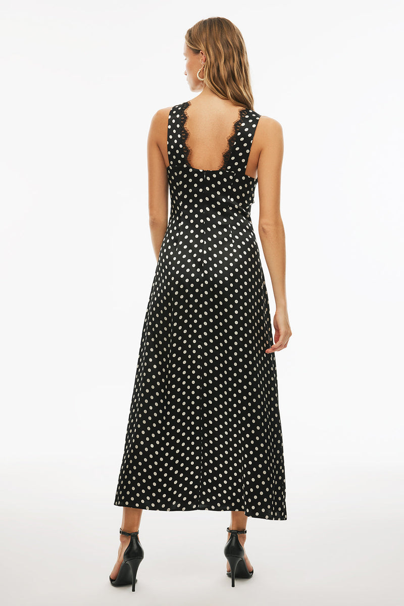 Perspective Round Neck Polka Dot Dress Black