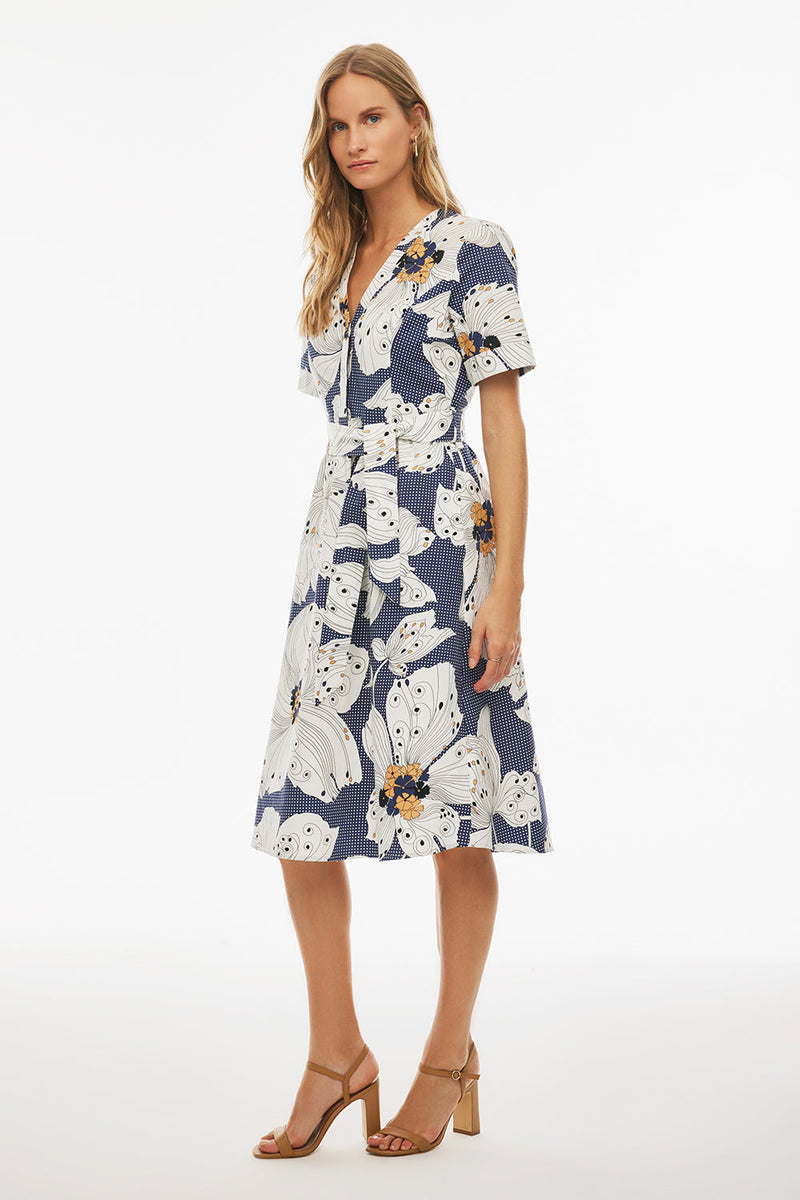 Perspective V-Neck Below The Knee Dress Indigo/White