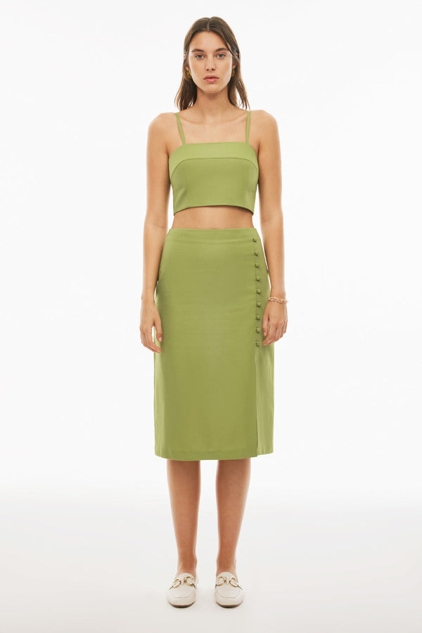 Perspective  Straight Cut Midi Skirt Light Green