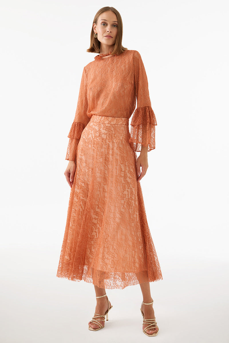 Perspective High Rise A-Line Long Skirt Salmon