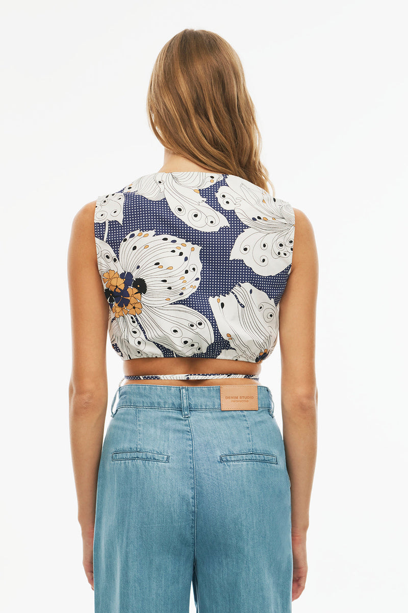 Perspective Cache Coeur Crop Floral Blouse Indigo/White