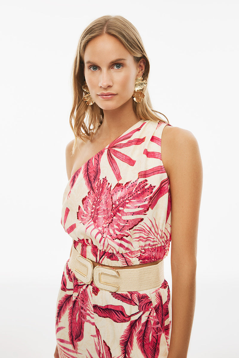 Perspective One Shoulder Crop Length Floral Blouse Fuchsia