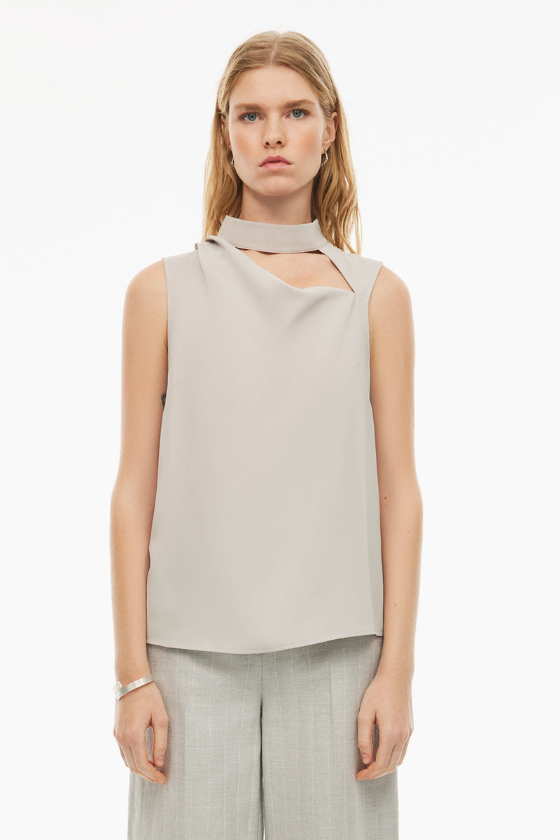 Perspective Stand-Up Collar Regular Length Blouse Grey