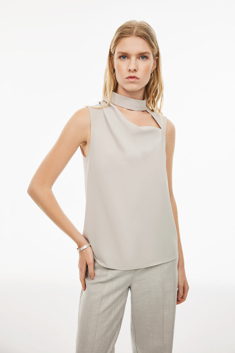 Perspective Stand-Up Collar Regular Length Blouse Grey