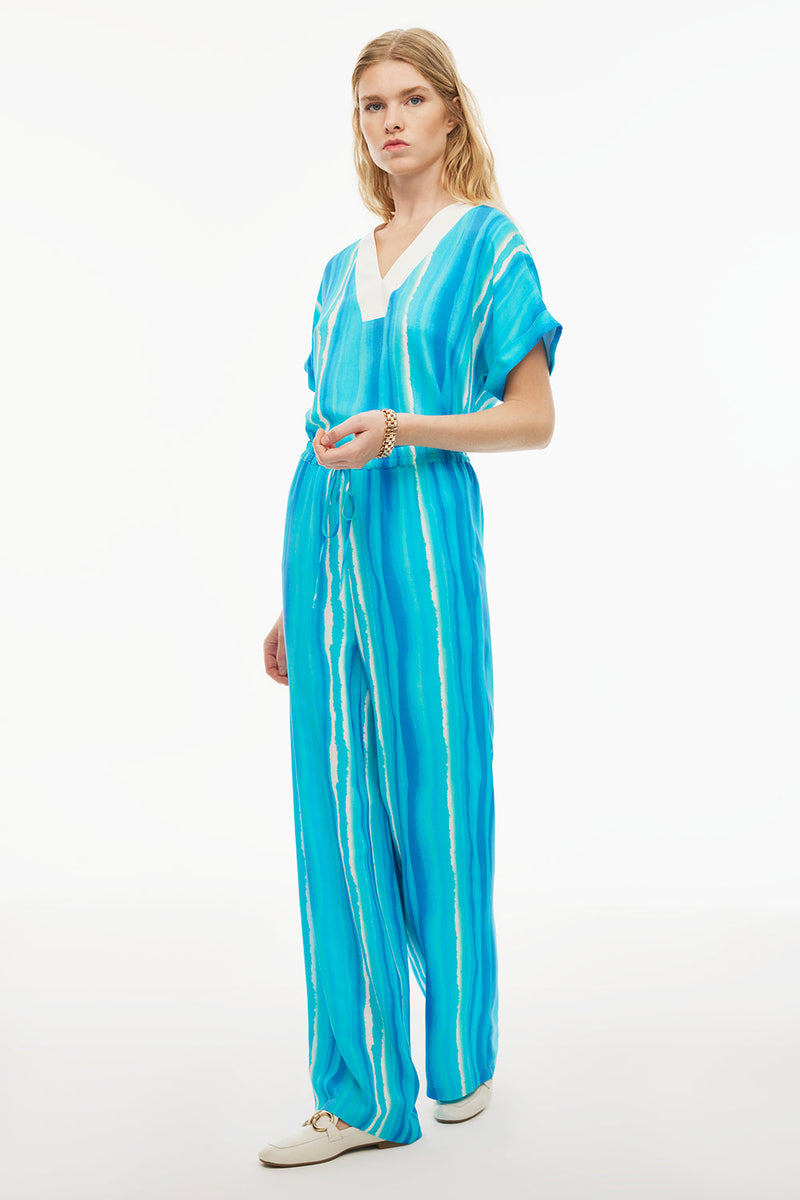 Perspective High Rise Wide Leg Striped Pants Turquse