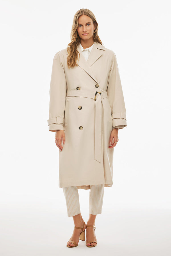 Perspective Shirt Collar Midi Cotton Trench Coat Beige