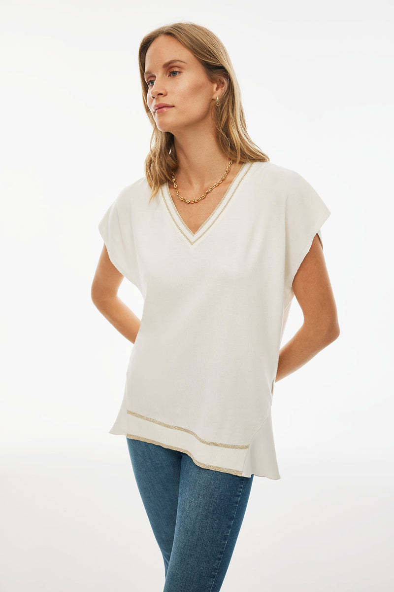 Perspective  Midi V-Neck Cap Sleeve Knit Blouse Ecru