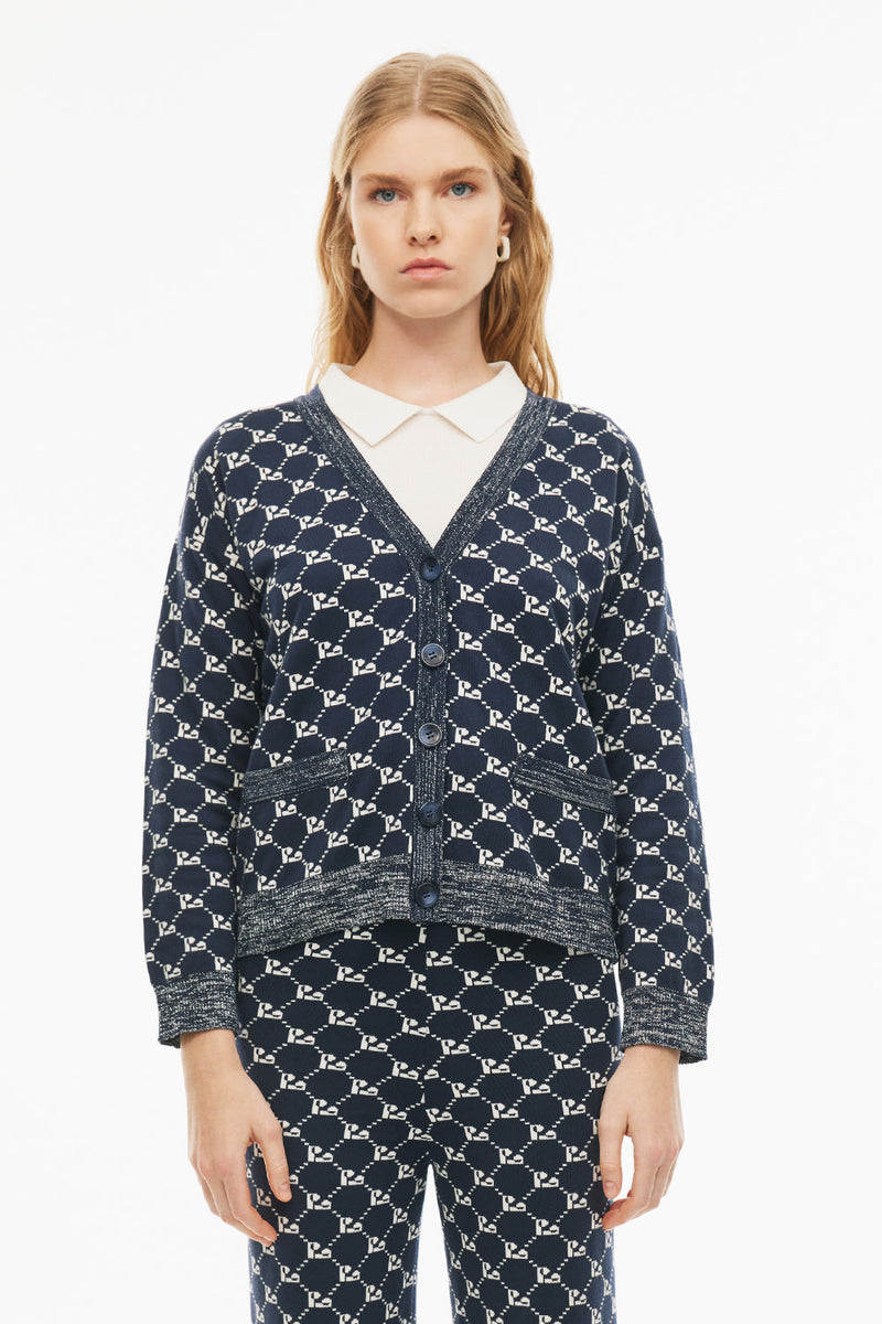 Perspective V-Neck Midi Logo Patterned Knit Cardigan Indigo/White