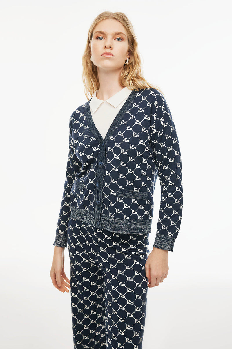 Perspective V-Neck Midi Logo Patterned Knit Cardigan Indigo/White