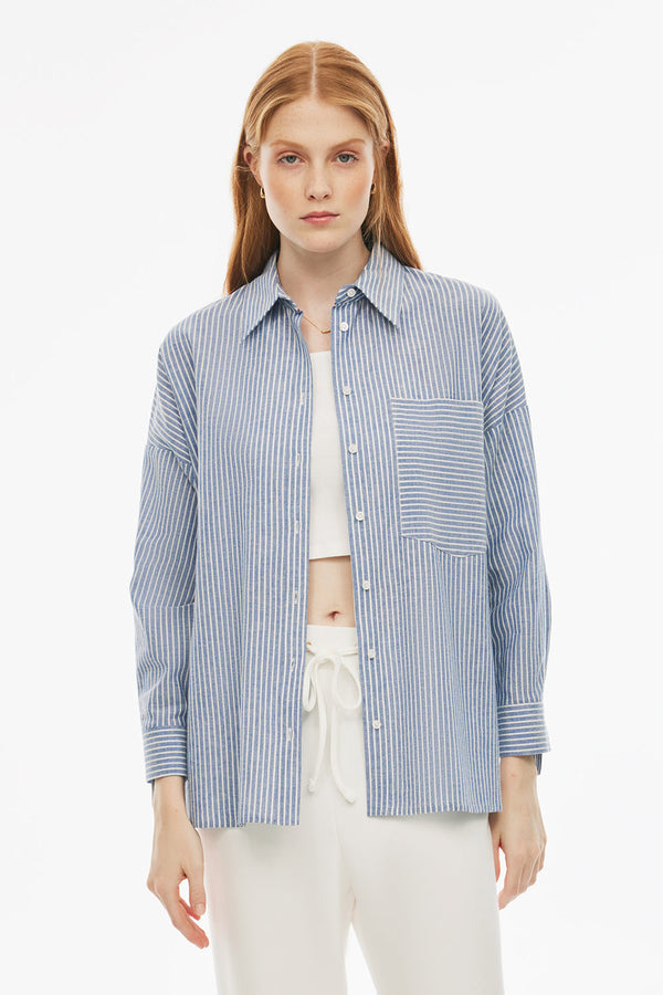 Perspective  Long Sleeve Cotton Striped Shirt Indigo/White