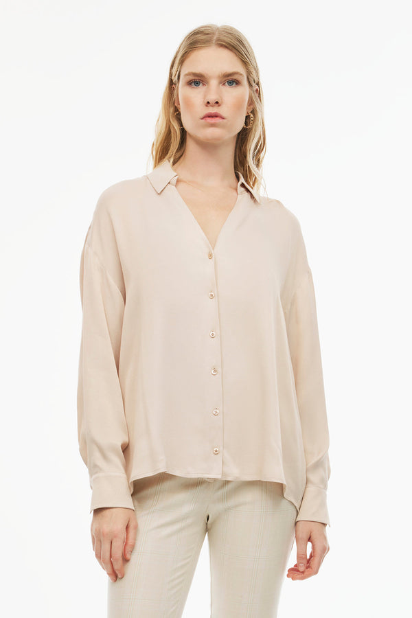 Perspective V-Neck Long Sleeve Shirt Beige