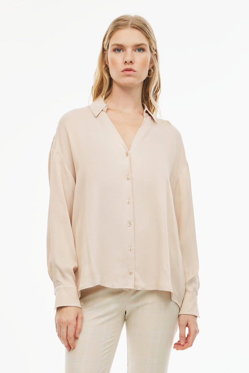 Perspective V-Neck Long Sleeve Shirt Beige