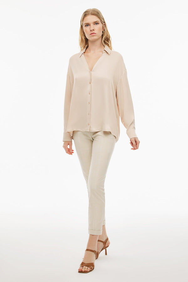 Perspective V-Neck Long Sleeve Shirt Beige