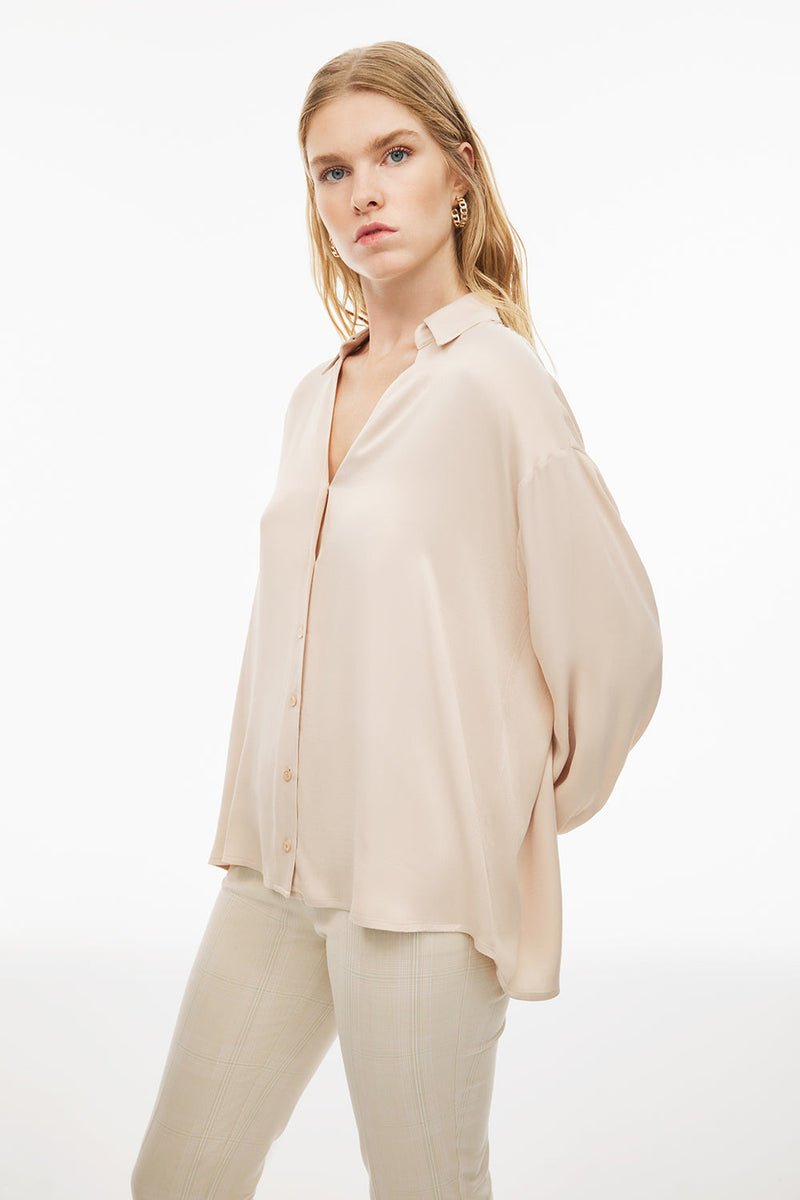 Perspective V-Neck Long Sleeve Shirt Beige