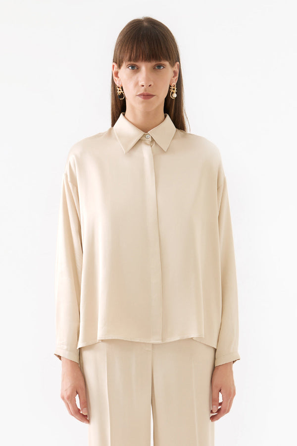 Perspective Drop Shoulder Long Sleeve Shirt Beige