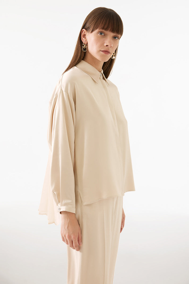 Perspective Drop Shoulder Long Sleeve Shirt Beige