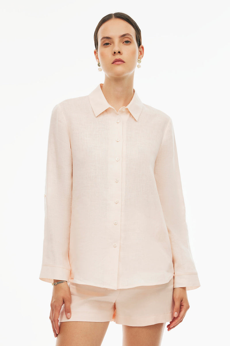 Perspective Long Sleeve Linen Shirt Salmon