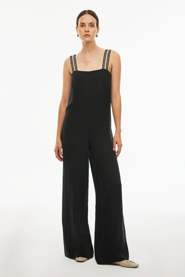 Perspective  Relaxed Fit Wide Leg Linen Jumpsuit Black