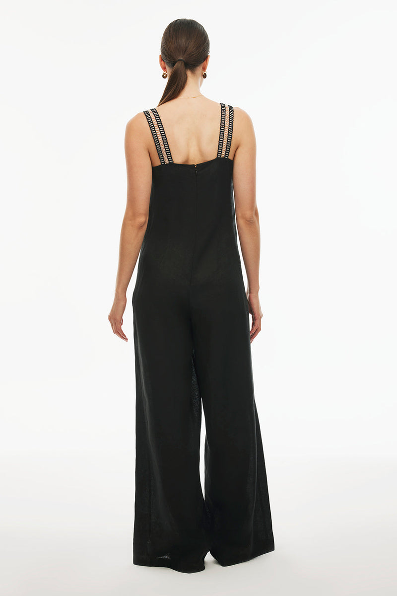 Perspective  Relaxed Fit Wide Leg Linen Jumpsuit Black