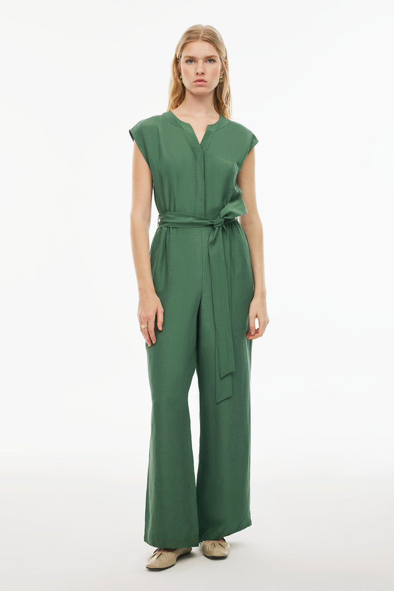 Perspective Round Neck Drop Shoulder Wide Leg Jumpsuit Dark Green