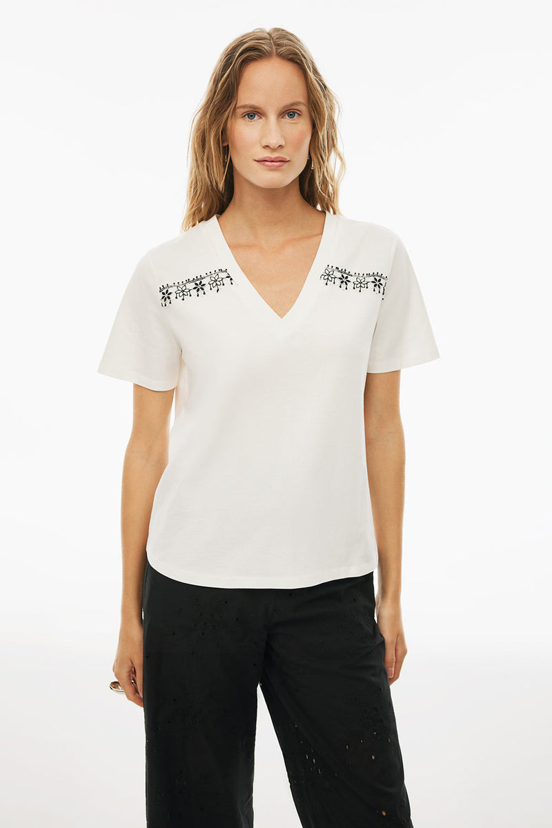 Perspective V-Neck Short Sleeve Cotton T-Shirt Ecru