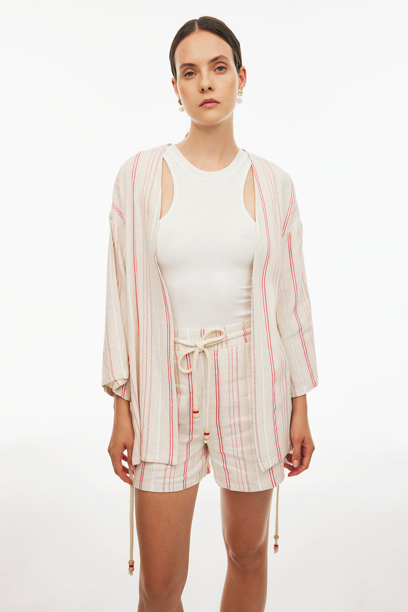 Perspective V-Neck Three-Quarter Sleeve Striped Kimono Beige