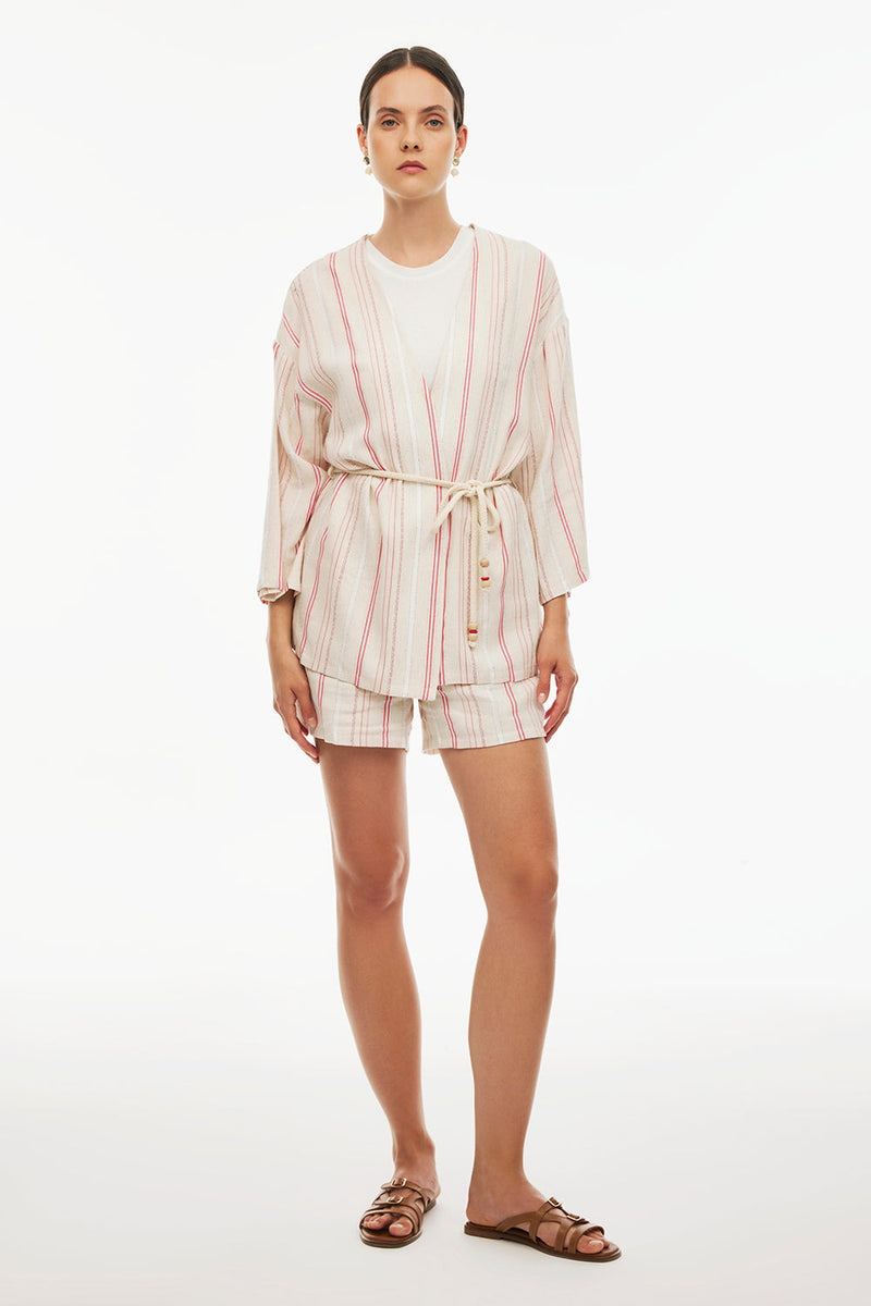 Perspective V-Neck Three-Quarter Sleeve Striped Kimono Beige