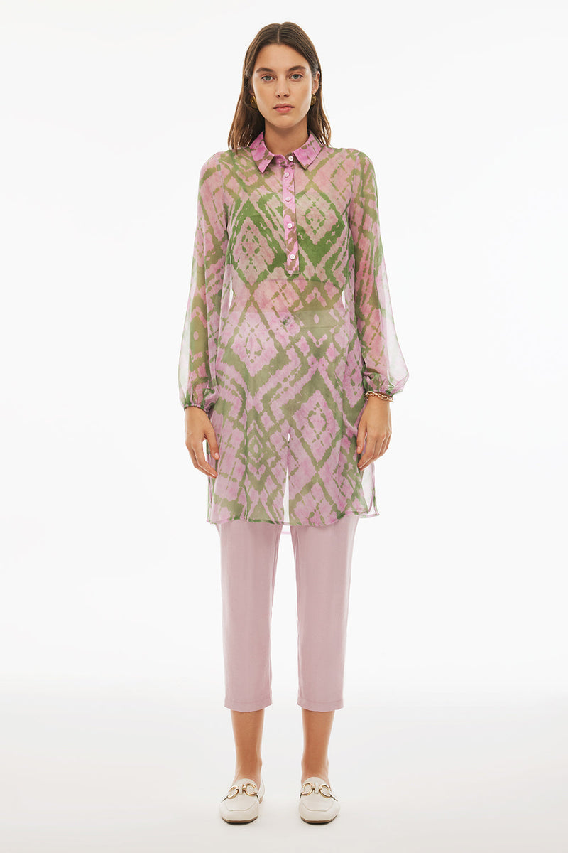 Perspective Shirt Collar Midi Geometric Patterned Tunic Pink