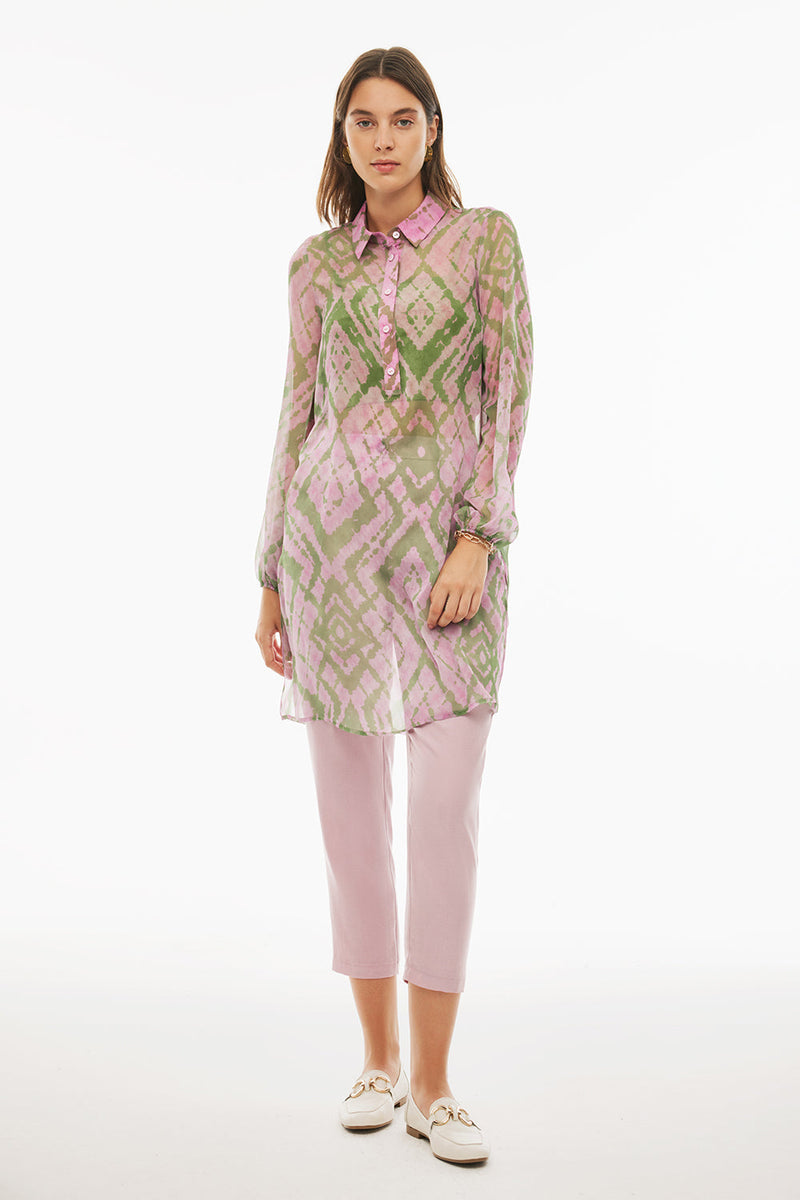 Perspective Shirt Collar Midi Geometric Patterned Tunic Pink