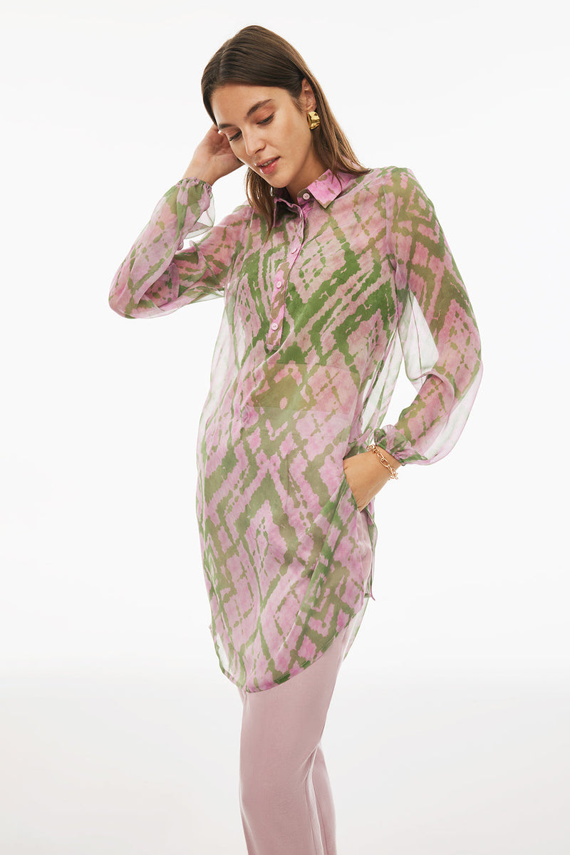 Perspective Shirt Collar Midi Geometric Patterned Tunic Pink