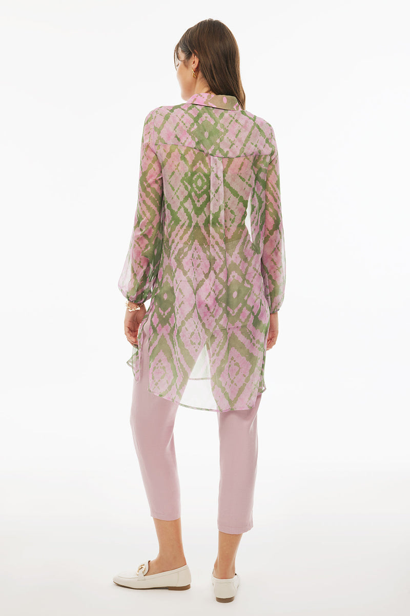 Perspective Shirt Collar Midi Geometric Patterned Tunic Pink