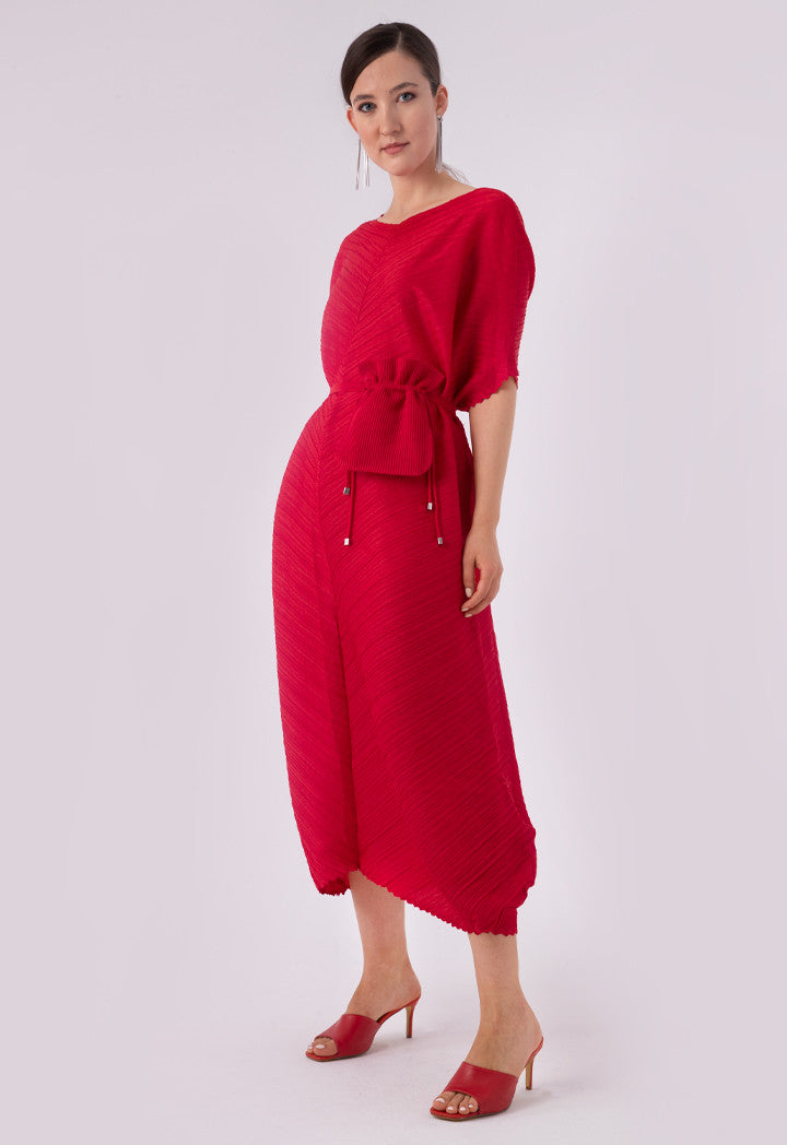 Choice Textured Pleated Wide Tie Belt Dress Red