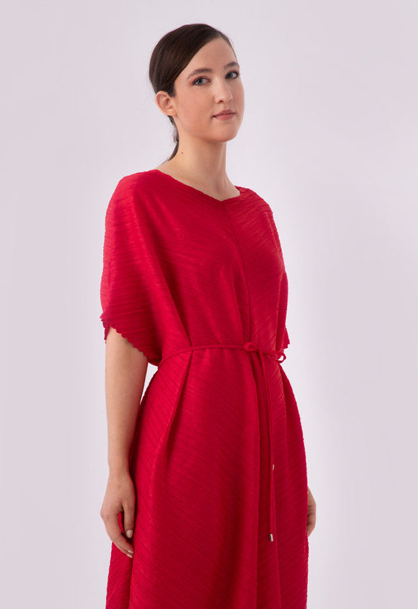 Choice Textured Pleated Wide Tie Belt Dress Red