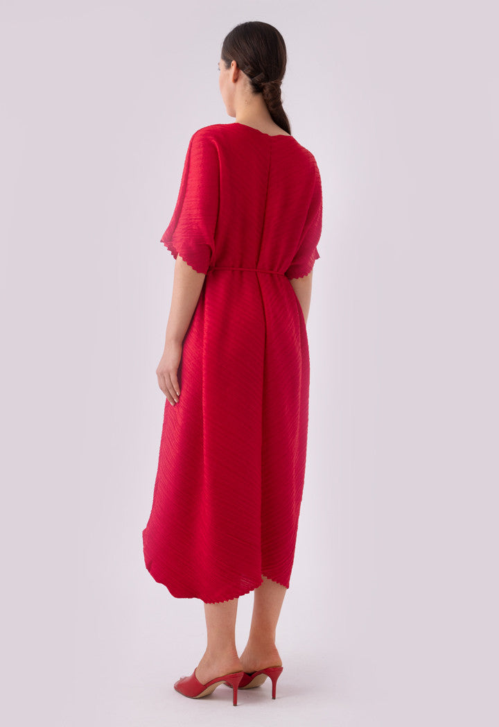 Choice Textured Pleated Wide Tie Belt Dress Red