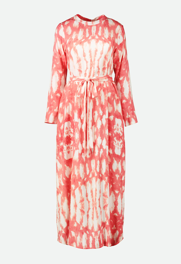 Choice Tie Dye Belted Long Dress Coral-Print - Wardrobe Fashion