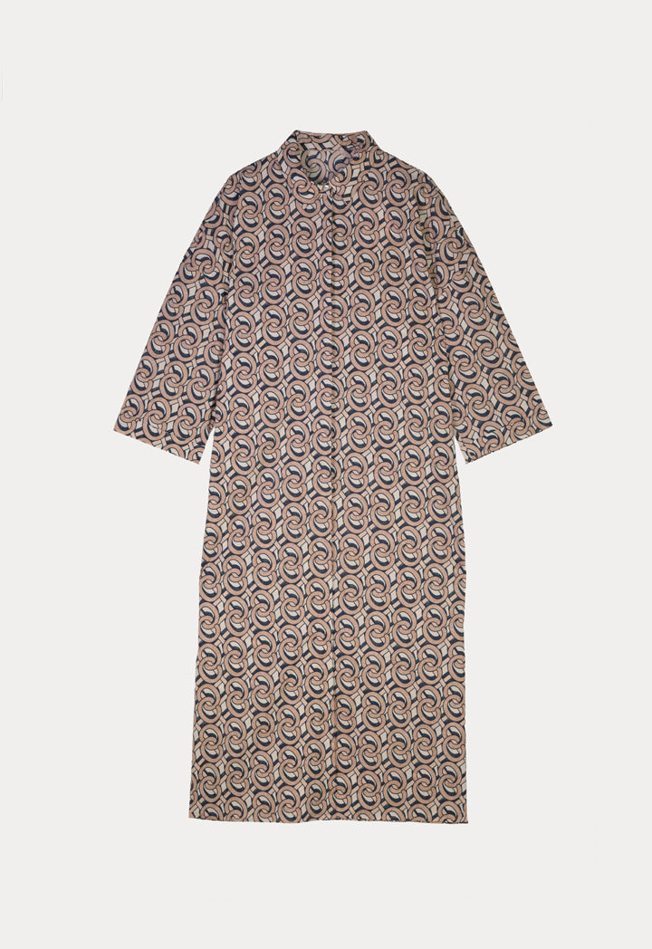 Choice Printed Shirt Dress With Long Sleeve Beige-Print