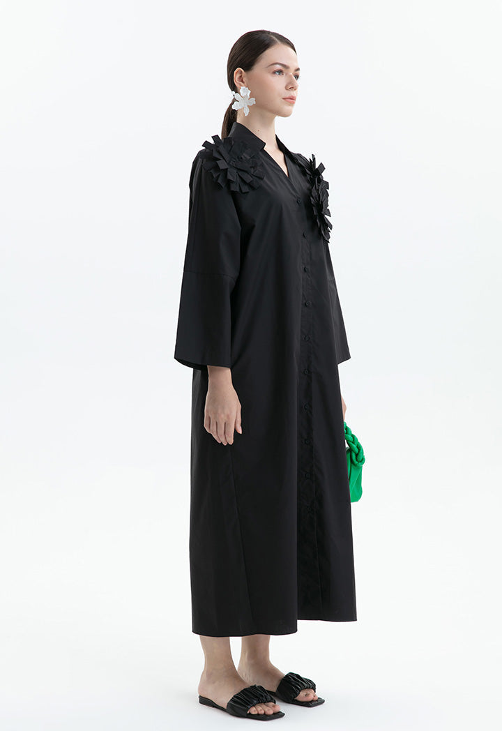 Choice Solid Front Ruffles Maxi Shirt Dress Black