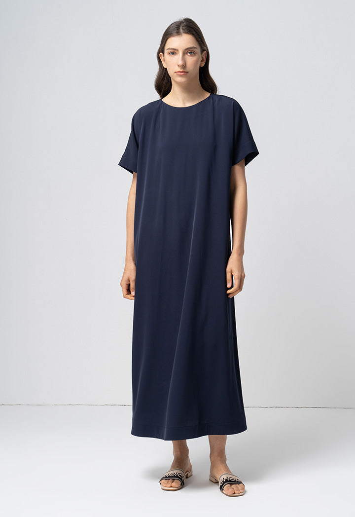 Choice Solid Continuous Short Sleeves Maxi Dress Navy