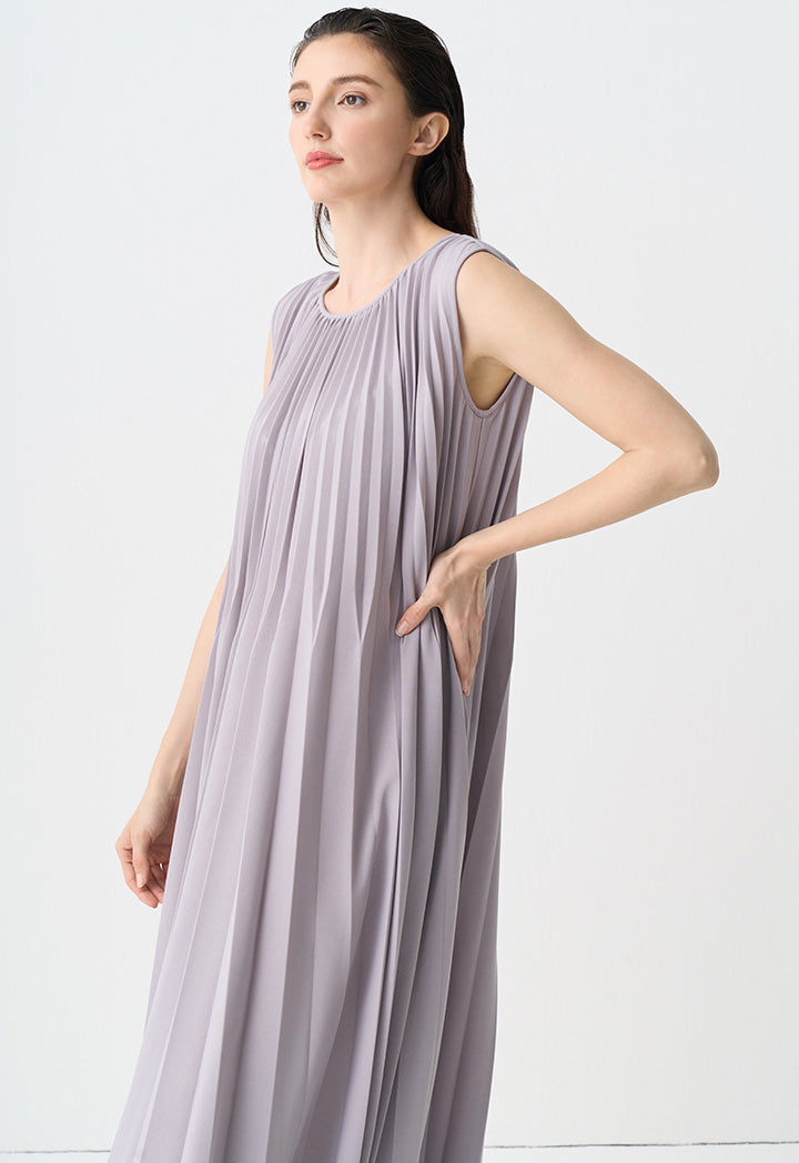 Choice Solid Maxi Pleated Sleeveless Dress Grey