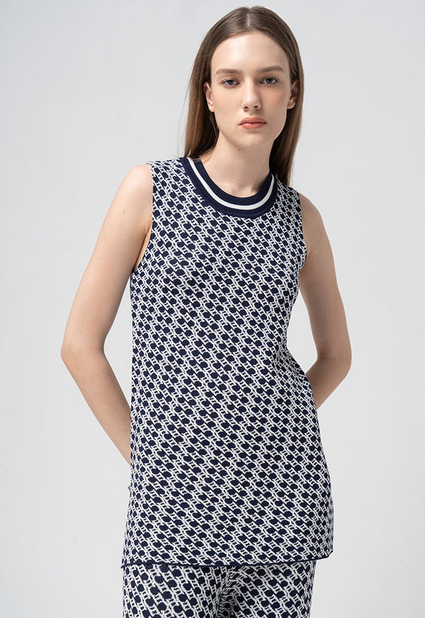 Choice Intarsia Sleeveless Knitted Top  Navy