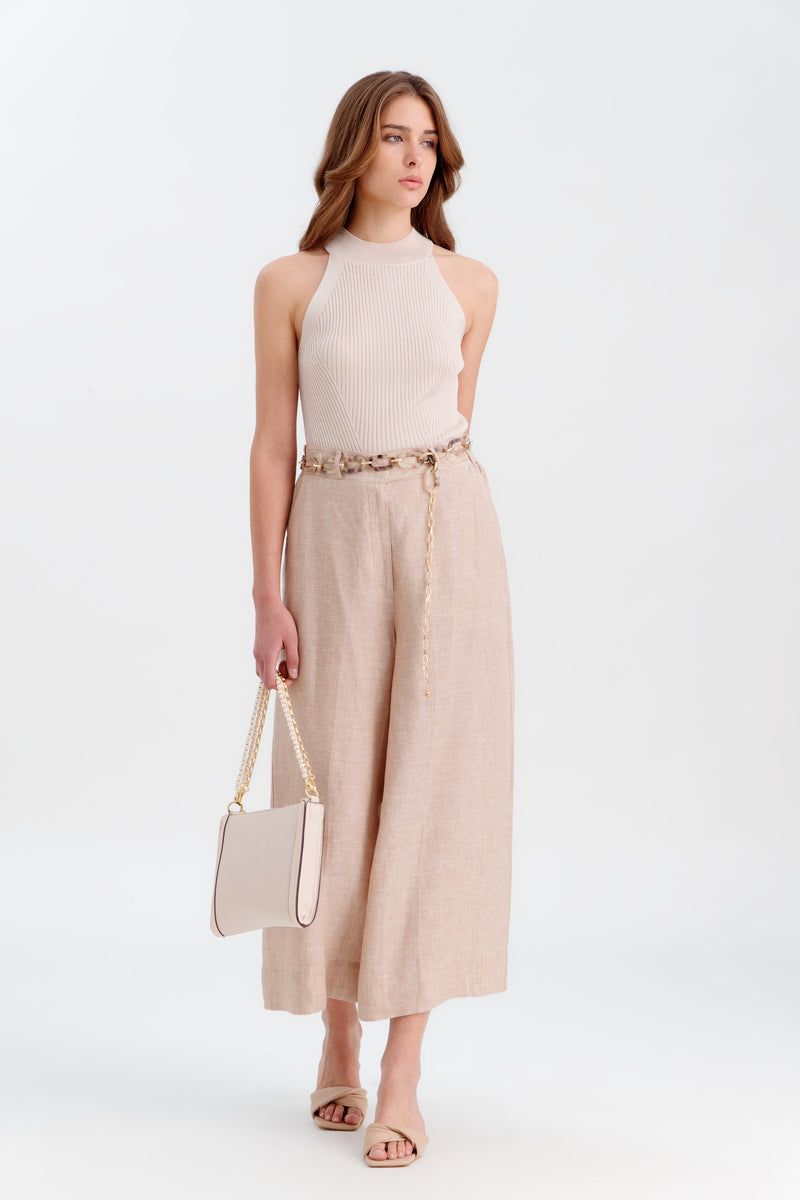 Choice Linen Pants With Waistband Tabs Dark Beige