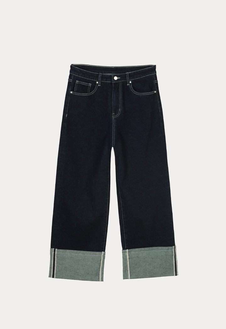 Choice Folded Hem Solid Denim Jeans Blue