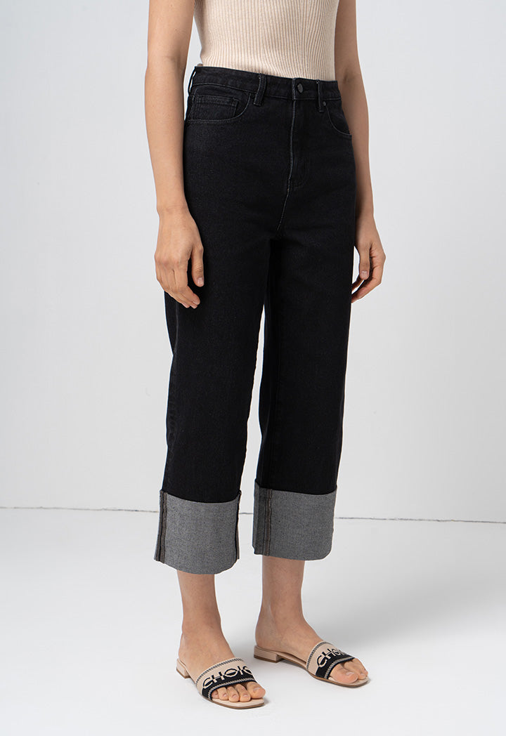 Choice Folded Wide Legs Denim Trouser Black