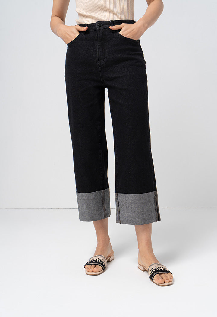 Choice Folded Wide Legs Denim Trouser Black