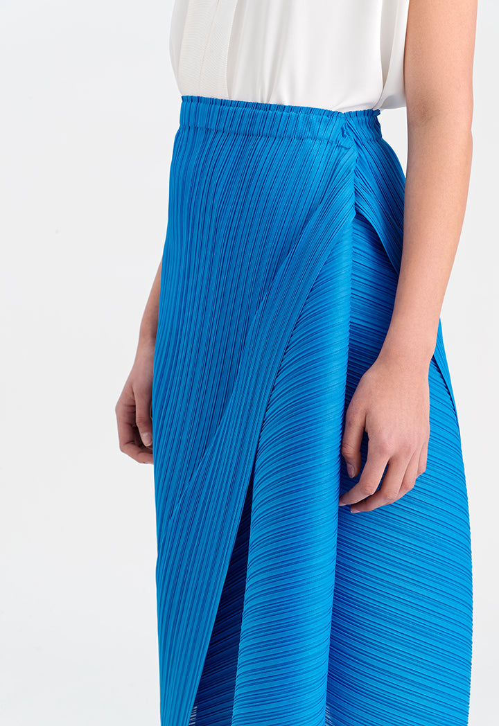 Choice Electric Pleated Solid Aysmmetrical Skirt Blue+Blue