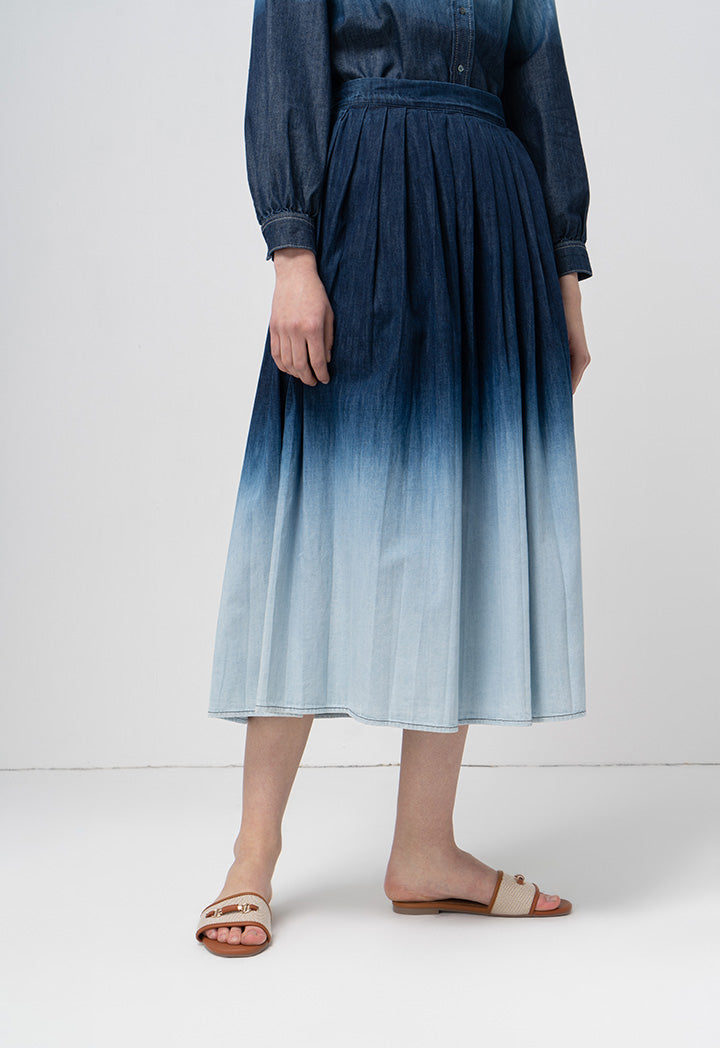 Choice Box Pleated Ombre Flared Denim Skirt Blue