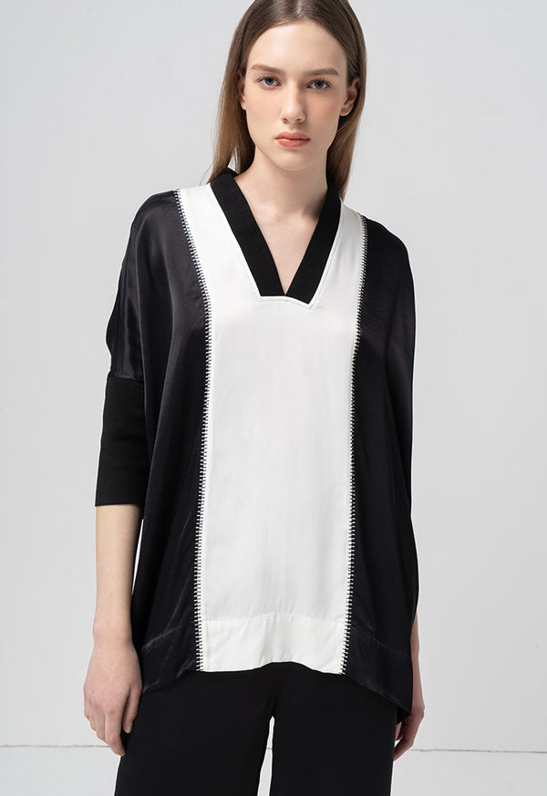 Choice High-Low Contrast Ribbed Hem Blouse Black