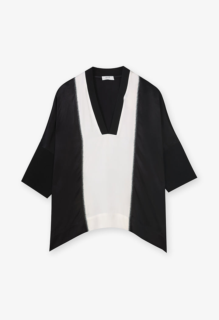 Choice High-Low Contrast Ribbed Hem Blouse Black