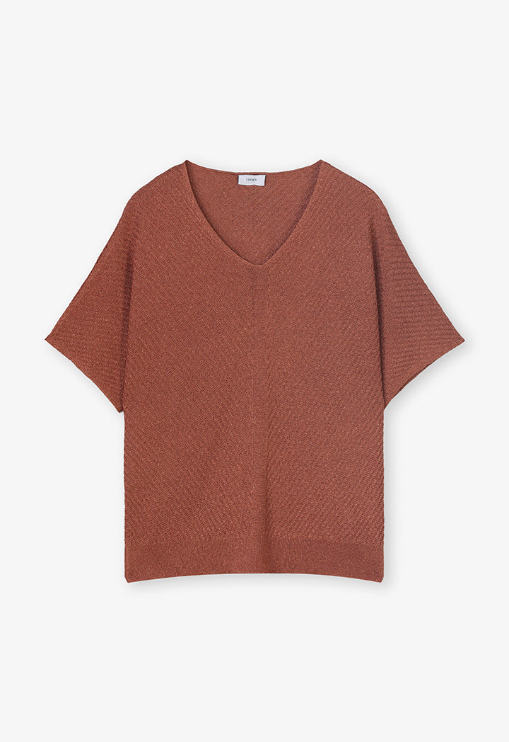 Choice Solid V-Neck Textured Blouse Brick